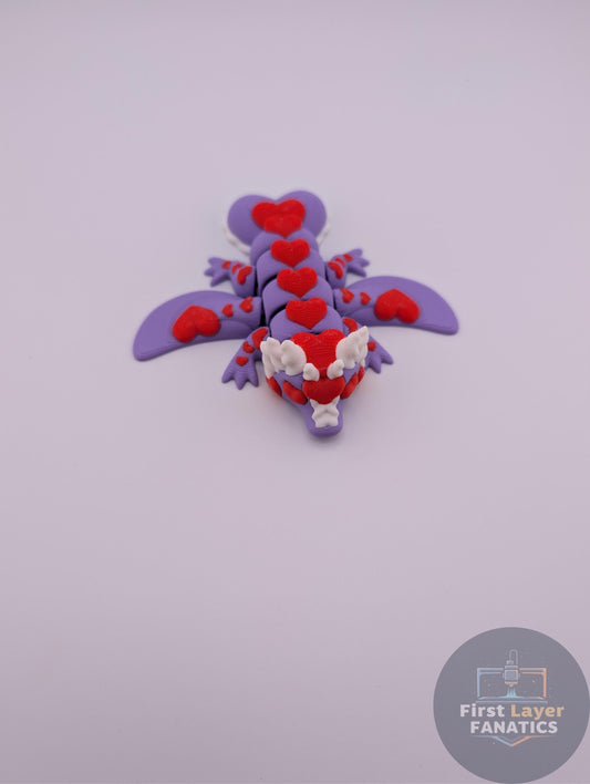 Valentine Heart Dragon – Articulated 3D Printed Fidget Lizard, Purple & Red Hearts, Kawaii Desk Toy Gift for Kids, Partners Dragon Lovers