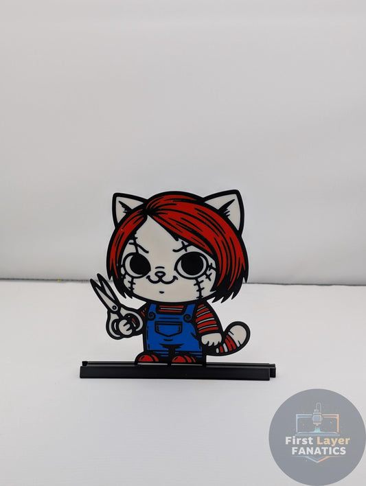 Chuckles Figure with Stand | Horror Movie Decor, Chucky Inspired Art, Spooky Collectible Holiday Cat Series, Scream Fan Gift | Scream