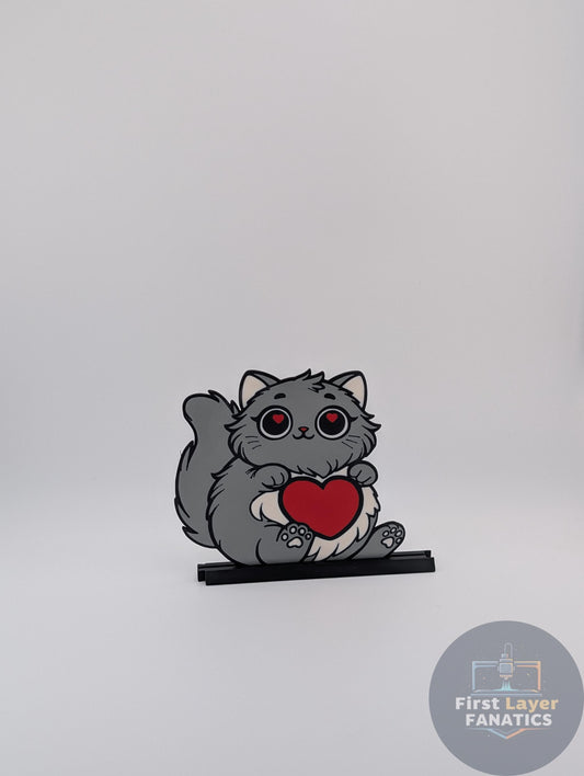 Custom 3D Printed Cat Family Figurine w/Interlocking Stand - Cute Kawaii Kitty Heart Holder Gray/Red - Personalize Colors!