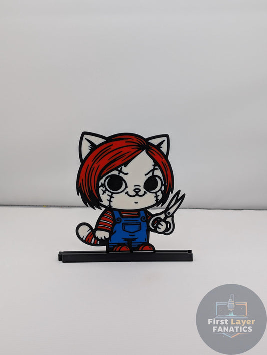 Chuckles Figure with Stand | Horror Movie Decor, Chucky Inspired Art, Spooky Collectible Holiday Cat Series, Scream Fan Gift | Scream