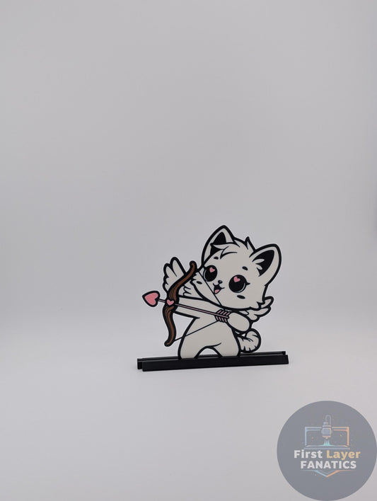 Custom 3D Printed Cupid Cat Figurine w/Heart Arrow Stand - Kawaii White Kitty Archer Custom Colors!
