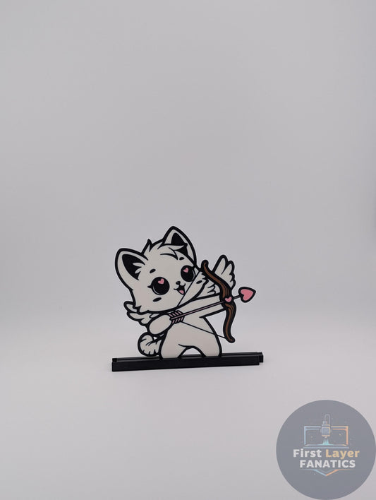 Custom 3D Printed Cupid Cat Figurine w/Heart Arrow Stand - Kawaii White Kitty Archer Custom Colors!