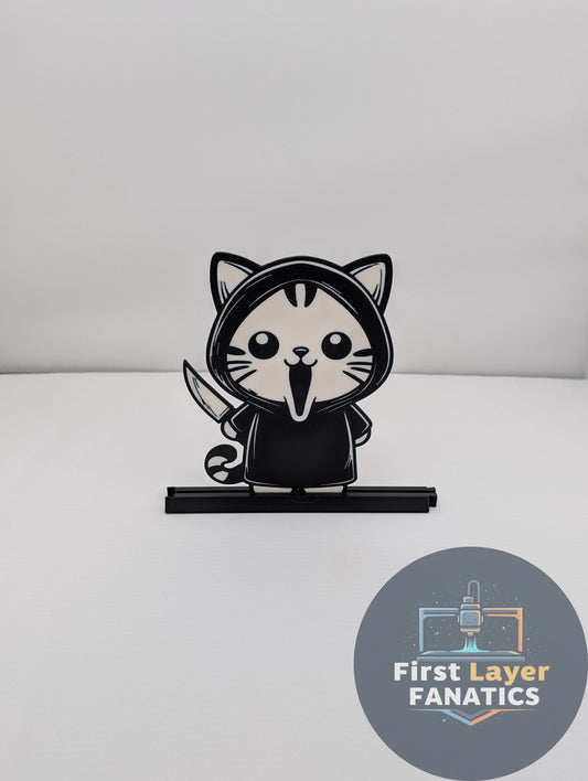 Slasher Cat Figure with Stand | Horror Movie Decor, Ghostface Inspired Art, Spooky Collectible Holiday Cat Series, Scream Fan Gift | Scream