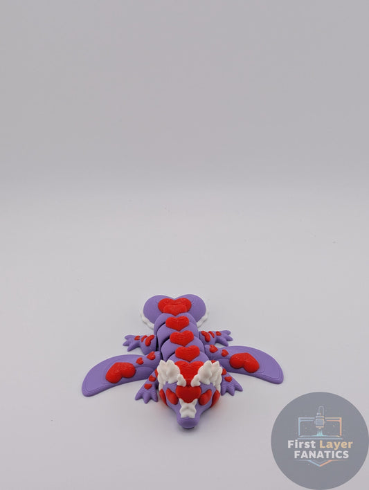 Valentine Heart Dragon – Articulated 3D Printed Fidget Lizard, Purple & Red Hearts, Kawaii Desk Toy Gift for Kids, Partners Dragon Lovers