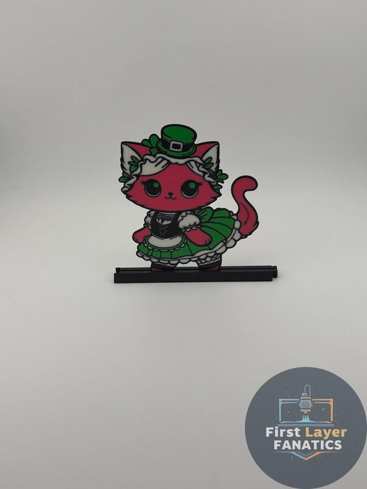 St. Patrick’s Day Maid Cat | Custom 3D Printed Lucky Cat Decor | St. Paddy’s Day Desk Accessory & Stand | Personalized Gift