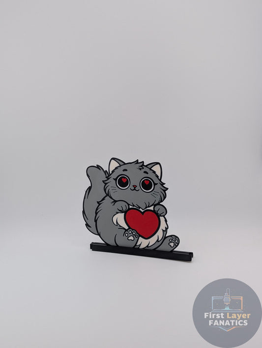 Custom 3D Printed Cat Family Figurine w/Interlocking Stand - Cute Kawaii Kitty Heart Holder Gray/Red - Personalize Colors!